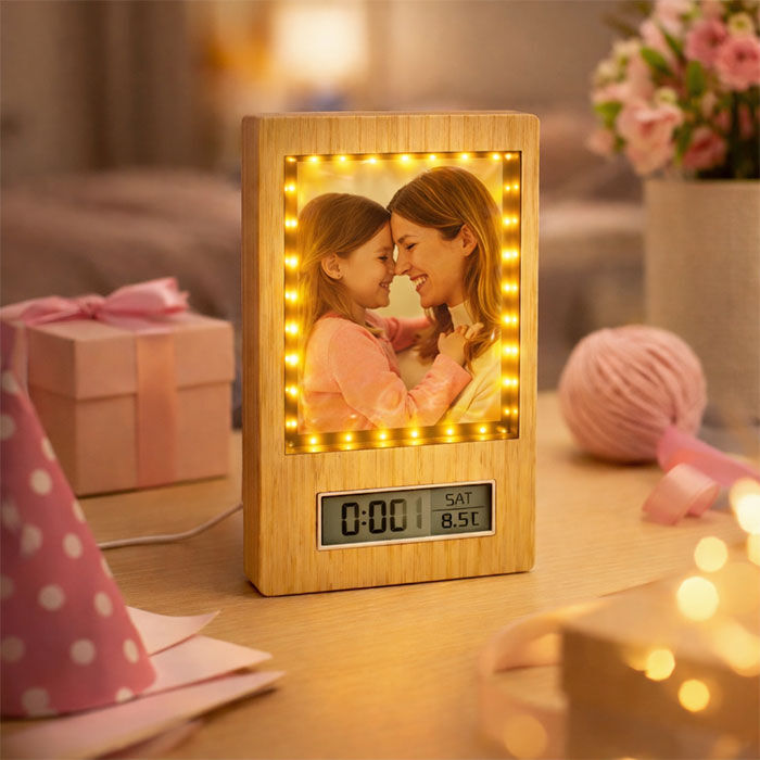 Ahşap Dijital Saat Sihirli Ayna Fotoğraf Çerçevesi - 3