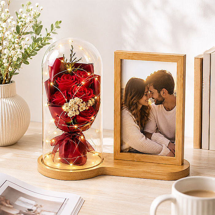 Ahşap Ledli Gül Buketi Fotoğraf Çerçevesi 13x18 - 1