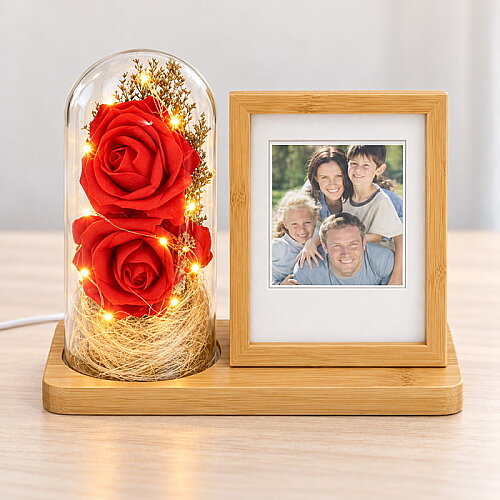 Ahşap Ledli Gül Fanus Fotoğraf Çerçevesi 10x14 - sanalbayim