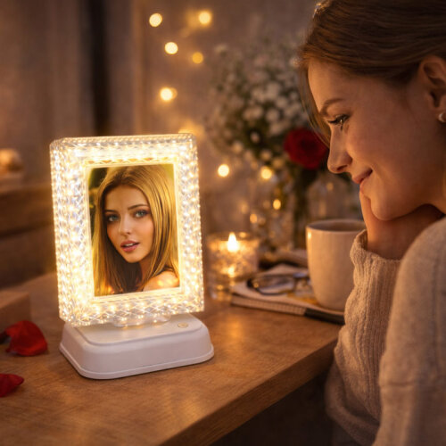 Dekoratif Işıklı Kristal Fotoğraf Çerçevesi Beyaz - sanalbayim
