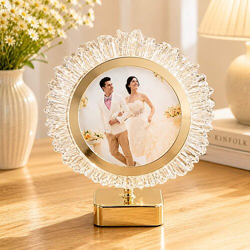 Dekoratif Işıklı Yuvarlak Fotoğraf Çerçeve Altın - sanalbayim